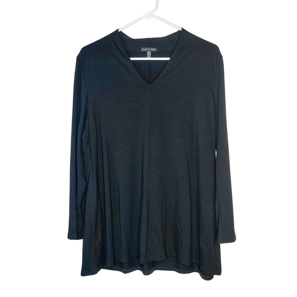 Eileen Fisher Black Stretch Jersey Flared Sleeve V Neck Shirt Large Minimalist